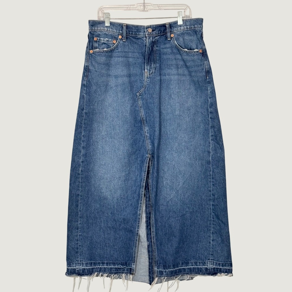 Gap Denim Skirt Womens 12 Blue Maxi Front Slit Raw Hem Cotton 90s Aesthetic Vibe